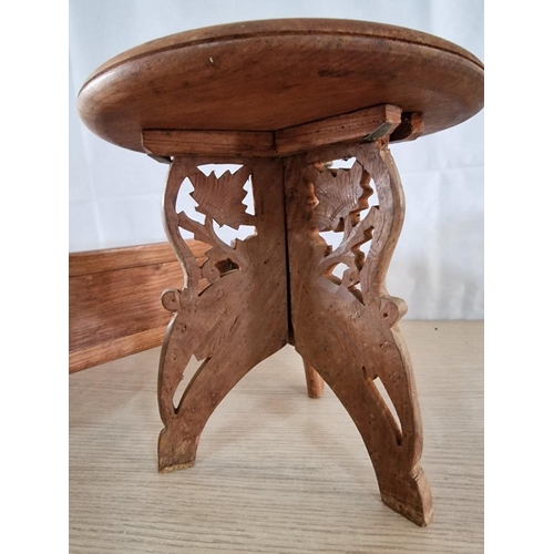 62 - Small Heavily Carved Wooden Side Table (H: 24cm x Ø: 23cm), Together with Carved Open Work Book Slid... 