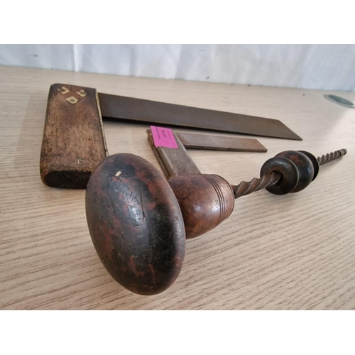 80 - Vintage Engineer's Metal Set Square, Carpenters Wood, Brass & Steel Set Square and Archimedes Driver