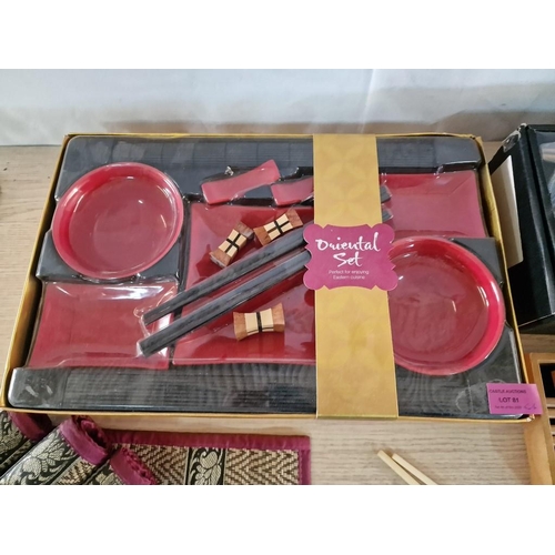 81 - Boxed, Un-Used Oriental Set for 2, Plus Oriental Place Mats (4), Chop Sticks & Rests, Plus Boxed Jap... 