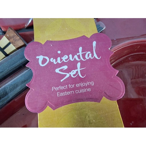 81 - Boxed, Un-Used Oriental Set for 2, Plus Oriental Place Mats (4), Chop Sticks & Rests, Plus Boxed Jap... 