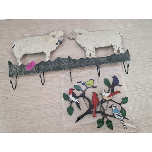 82 - Enameled Metal Inlaid Hanger of Birds (21 x 21cm) Plus Pressed Metal 