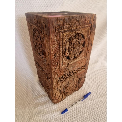 89 - Vintage Solid Wood Block Lamp Base / Display Stand Plinth, with Carved Flowers and Pattern, (Approx.... 