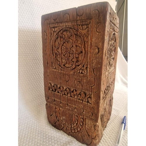 89 - Vintage Solid Wood Block Lamp Base / Display Stand Plinth, with Carved Flowers and Pattern, (Approx.... 