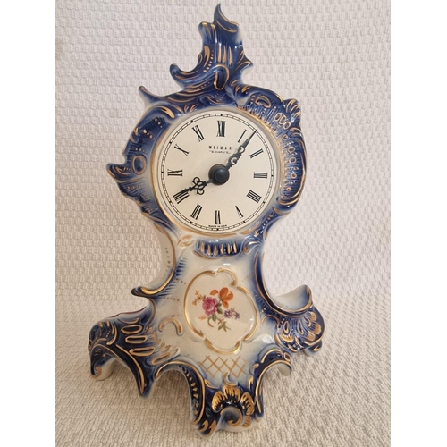 92 - Vintage Porcelain Clock, 'Weimar', Quartz, Made in Germany with Blue & Gold Tone Decoration, (Untest... 