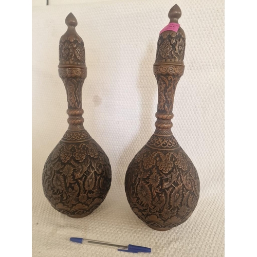 95 - Pair of Decorative Middle Eastern Copper Lidded Vases / Bottles, (Approx. H: 44cm), (2)