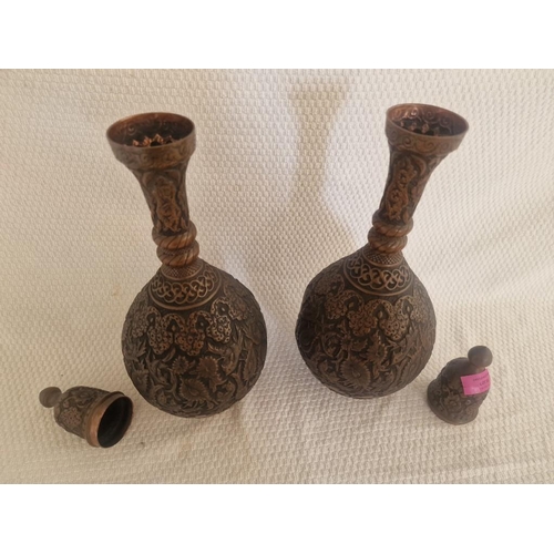 95 - Pair of Decorative Middle Eastern Copper Lidded Vases / Bottles, (Approx. H: 44cm), (2)