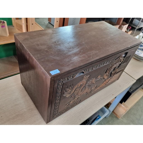 38 - Dark Wood Storage Box with Carved Front Depicting Oriental Scene with Optional Removable Dividers (7... 