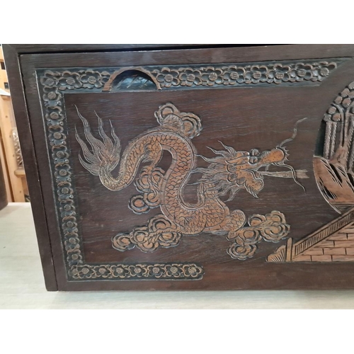 38 - Dark Wood Storage Box with Carved Front Depicting Oriental Scene with Optional Removable Dividers (7... 