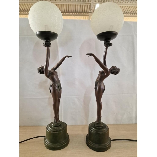 66 - Beautiful Pair of Art Deco Style Bronze Effect Lamps of Lady Holding Crackle Glaze Frosted Glass Sha... 