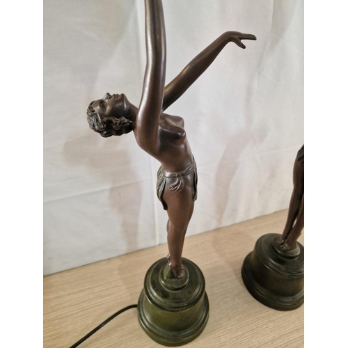 66 - Beautiful Pair of Art Deco Style Bronze Effect Lamps of Lady Holding Crackle Glaze Frosted Glass Sha... 