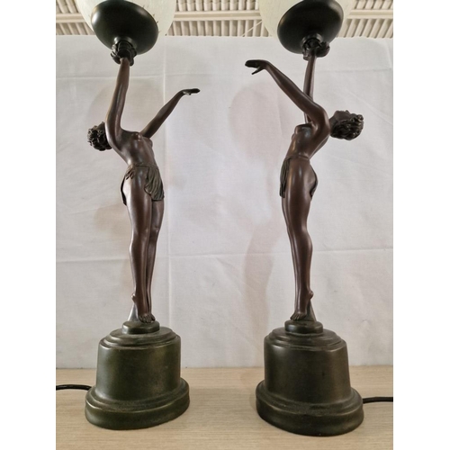 66 - Beautiful Pair of Art Deco Style Bronze Effect Lamps of Lady Holding Crackle Glaze Frosted Glass Sha... 