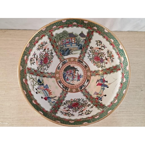 69 - Large Decorative Chinese Bowl with Varying Scenes Around the Outside and Inside, on Wooden Plinth, (... 