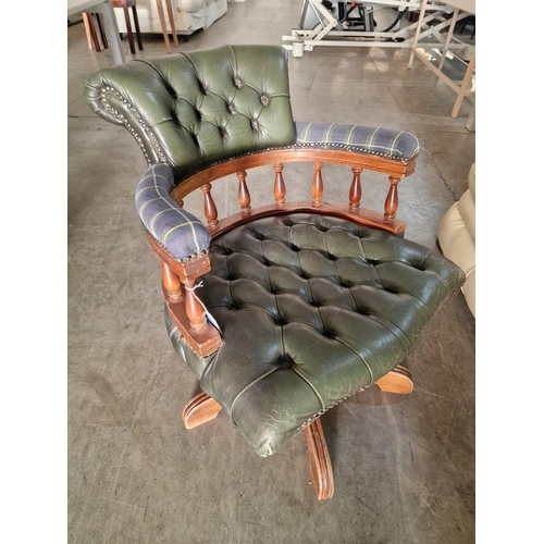 72 - Vintage Green Leather Captains Chair / Chesterfield Style Swivel Chair with Turned Wood, Button Back... 