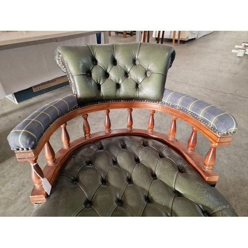 72 - Vintage Green Leather Captains Chair / Chesterfield Style Swivel Chair with Turned Wood, Button Back... 