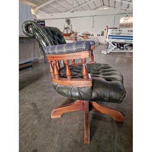 72 - Vintage Green Leather Captains Chair / Chesterfield Style Swivel Chair with Turned Wood, Button Back... 