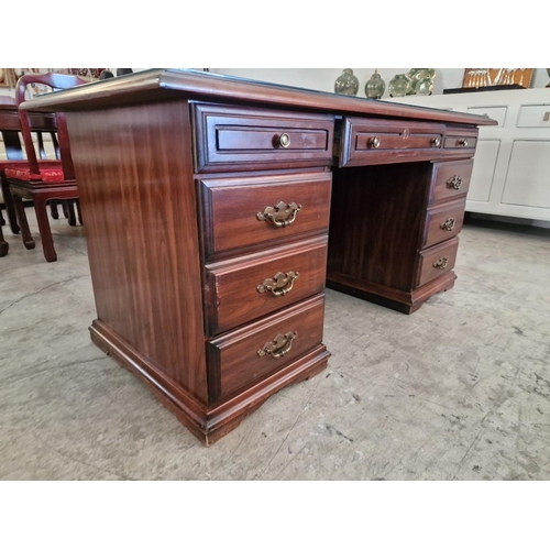 100 - Dark Wood Twin Pedestal Kneehole 7-Drawer Desk with Glass Top, (Approx. 152 x 76cm)