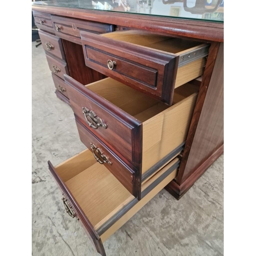 100 - Dark Wood Twin Pedestal Kneehole 7-Drawer Desk with Glass Top, (Approx. 152 x 76cm)