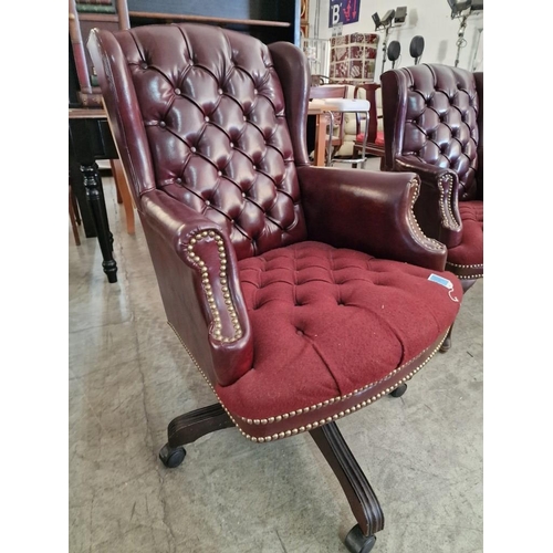 101 - Red Leather Chesterfield Style Wing Back Swivel Arm Chair On Pedestal Base with Wheels, with Button-... 