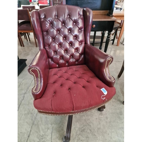 101 - Red Leather Chesterfield Style Wing Back Swivel Arm Chair On Pedestal Base with Wheels, with Button-... 