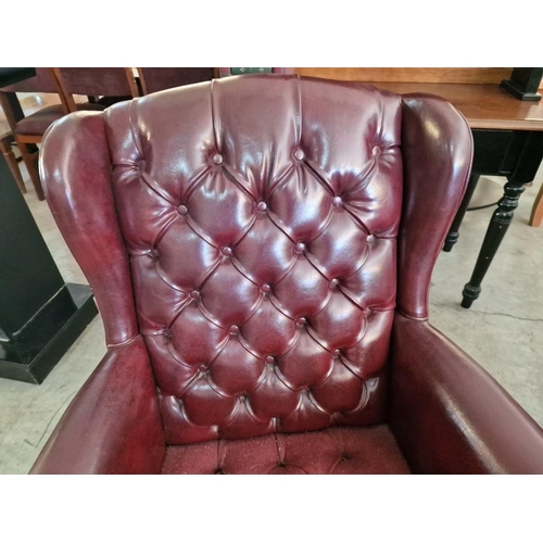 101 - Red Leather Chesterfield Style Wing Back Swivel Arm Chair On Pedestal Base with Wheels, with Button-... 