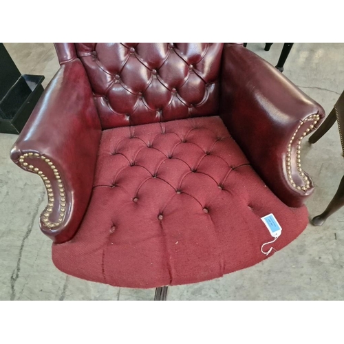 101 - Red Leather Chesterfield Style Wing Back Swivel Arm Chair On Pedestal Base with Wheels, with Button-... 