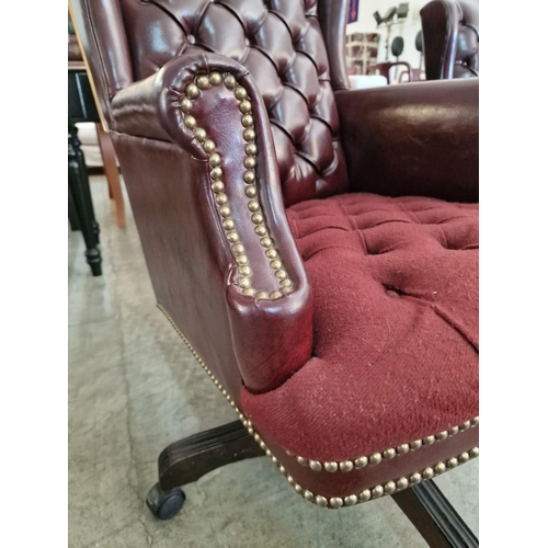 101 - Red Leather Chesterfield Style Wing Back Swivel Arm Chair On Pedestal Base with Wheels, with Button-... 