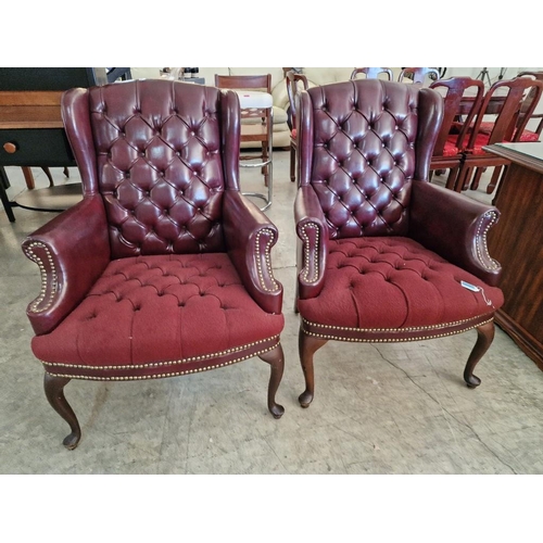 102 - Pair of Red Leather Chesterfield Style Wing Back Arm Chairs with Button-Back Back Rest, Studded Scro... 