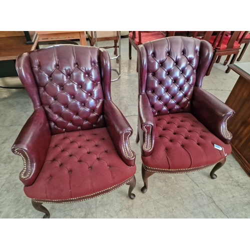 102 - Pair of Red Leather Chesterfield Style Wing Back Arm Chairs with Button-Back Back Rest, Studded Scro... 