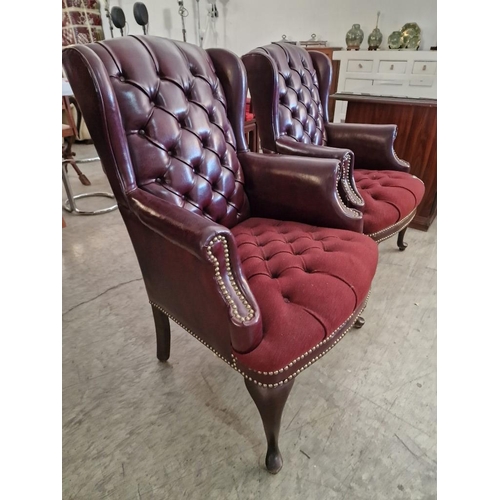 102 - Pair of Red Leather Chesterfield Style Wing Back Arm Chairs with Button-Back Back Rest, Studded Scro... 