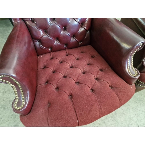 102 - Pair of Red Leather Chesterfield Style Wing Back Arm Chairs with Button-Back Back Rest, Studded Scro... 