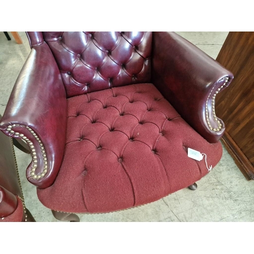 102 - Pair of Red Leather Chesterfield Style Wing Back Arm Chairs with Button-Back Back Rest, Studded Scro... 