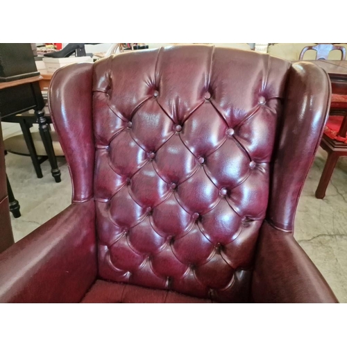 102 - Pair of Red Leather Chesterfield Style Wing Back Arm Chairs with Button-Back Back Rest, Studded Scro... 