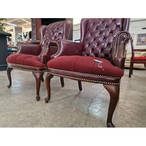 102 - Pair of Red Leather Chesterfield Style Wing Back Arm Chairs with Button-Back Back Rest, Studded Scro... 