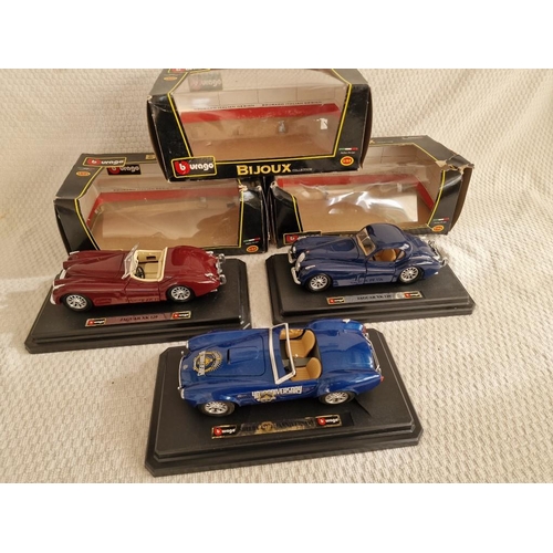 93 - Collection of 3 x Burago 1/24 Scale Model Cars, 'Bijoux Collection'; Jaguar XK120 in Blue and Burgun... 