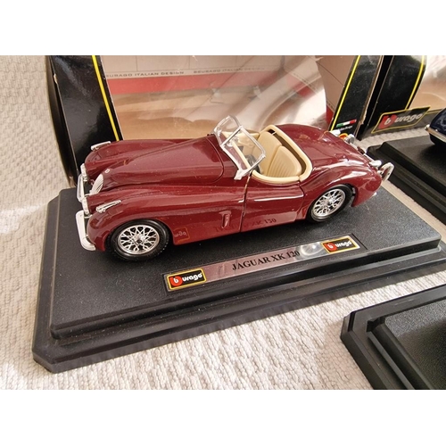 93 - Collection of 3 x Burago 1/24 Scale Model Cars, 'Bijoux Collection'; Jaguar XK120 in Blue and Burgun... 