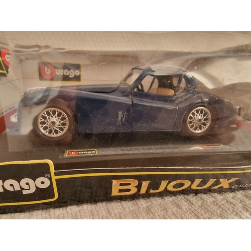 93 - Collection of 3 x Burago 1/24 Scale Model Cars, 'Bijoux Collection'; Jaguar XK120 in Blue and Burgun... 