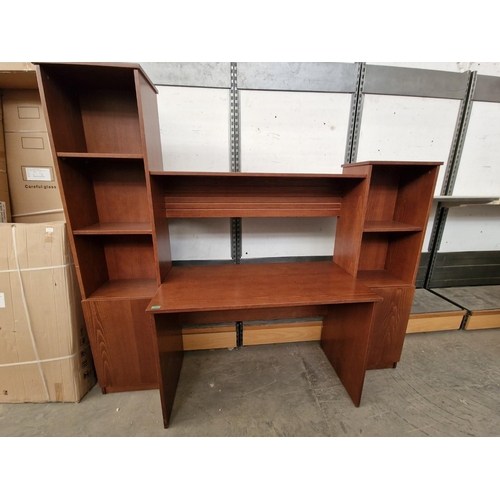 825 - Dark Cherry Colour Wood Effect Desk with Book Shelves and Cupboards, (Approx. 202 x 58 x 180cm Overa... 