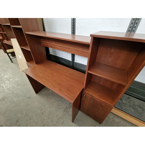 825 - Dark Cherry Colour Wood Effect Desk with Book Shelves and Cupboards, (Approx. 202 x 58 x 180cm Overa... 