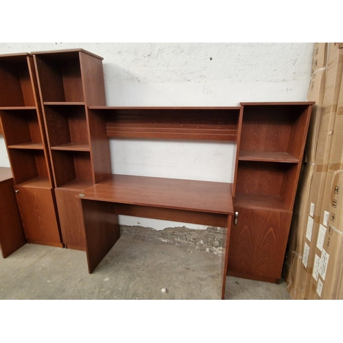 826 - Dark Cherry Colour Wood Effect Desk with Book Shelves and Cupboards, (Approx. 202 x 58 x 180cm Overa... 