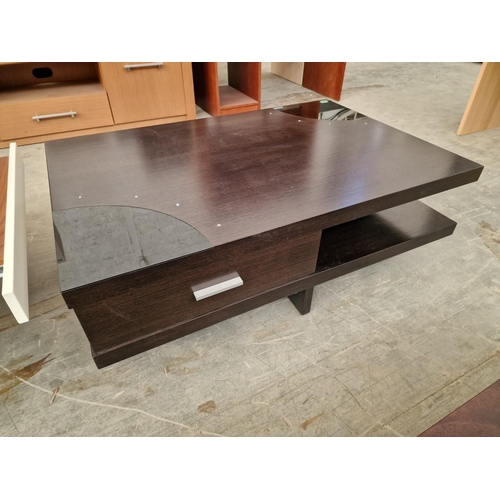 829 - Designer Wenge Colour Rectangular Coffee Table with Two Quater Circle Black Glass Corners and Inset ... 