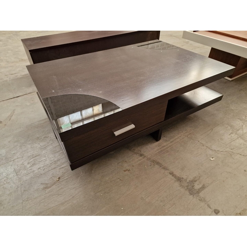 829 - Designer Wenge Colour Rectangular Coffee Table with Two Quater Circle Black Glass Corners and Inset ... 