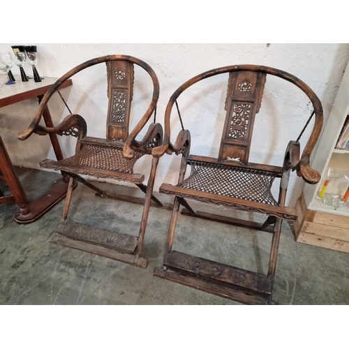 841 - Pair of Antique Chinese Folding Horseshoe Back Campaign / Hunting Arm Chairs, Believed to be Hainan ... 