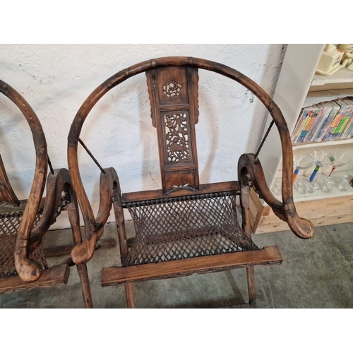 841 - Pair of Antique Chinese Folding Horseshoe Back Campaign / Hunting Arm Chairs, Believed to be Hainan ... 