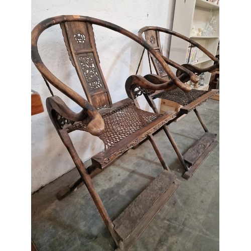 841 - Pair of Antique Chinese Folding Horseshoe Back Campaign / Hunting Arm Chairs, Believed to be Hainan ... 