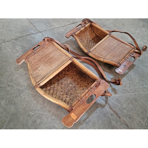 839 - Pair / 2 x Antique Chinese / Oriental Bamboo and Wicker Hostess or Trading Trays with Leather Strap,... 