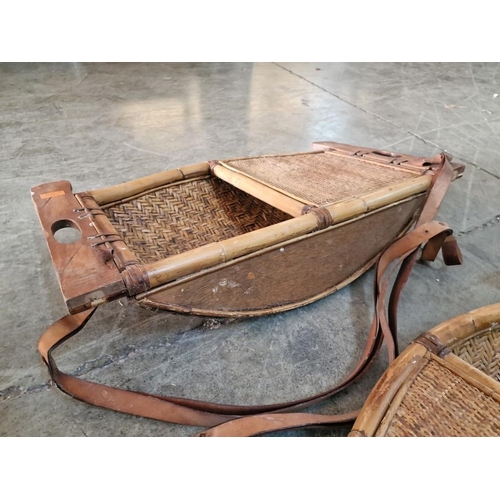 839 - Pair / 2 x Antique Chinese / Oriental Bamboo and Wicker Hostess or Trading Trays with Leather Strap,... 