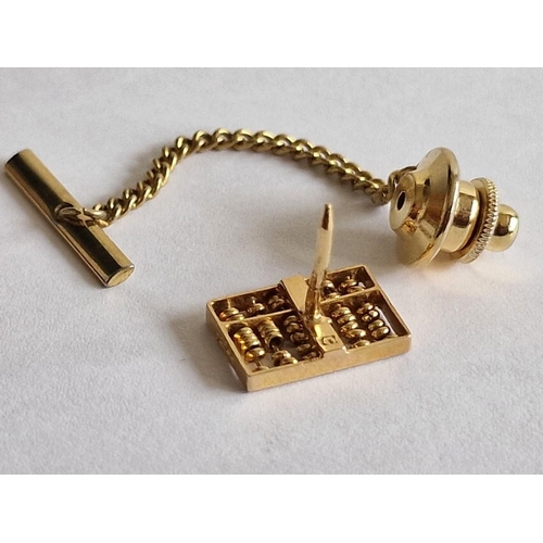 266 - Decorative 14ct Gold Miniature Abacus Tie Pin / Tie Tack, with Gold Tone Backing, Chain and 'T' Bar,... 