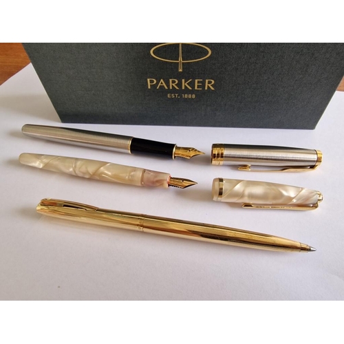 267 - Collection of 3 x Pens and Parker Pen Box; Two-Tone Parker Fountain Pen 'France U III', Mother of Pe... 