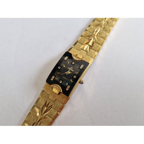 269 - Fitron 22k Gold Plated Wrist Watch with Black Face, Clear Stone Bezel, on Gold Plated Bracelet Strap... 