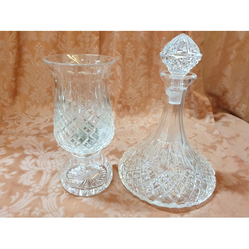 97 - Stylish Crystal Table Decor; Crystal Candle Holder (H:23cm) and Large Wine Decanter with Matching St... 